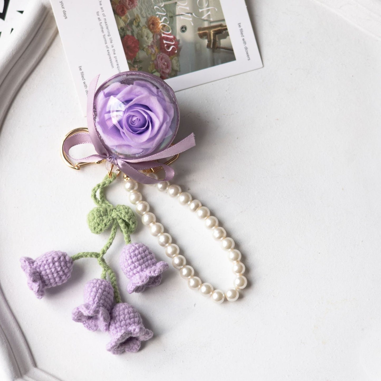 Preserved Flower Floral ball Crochet Key chain