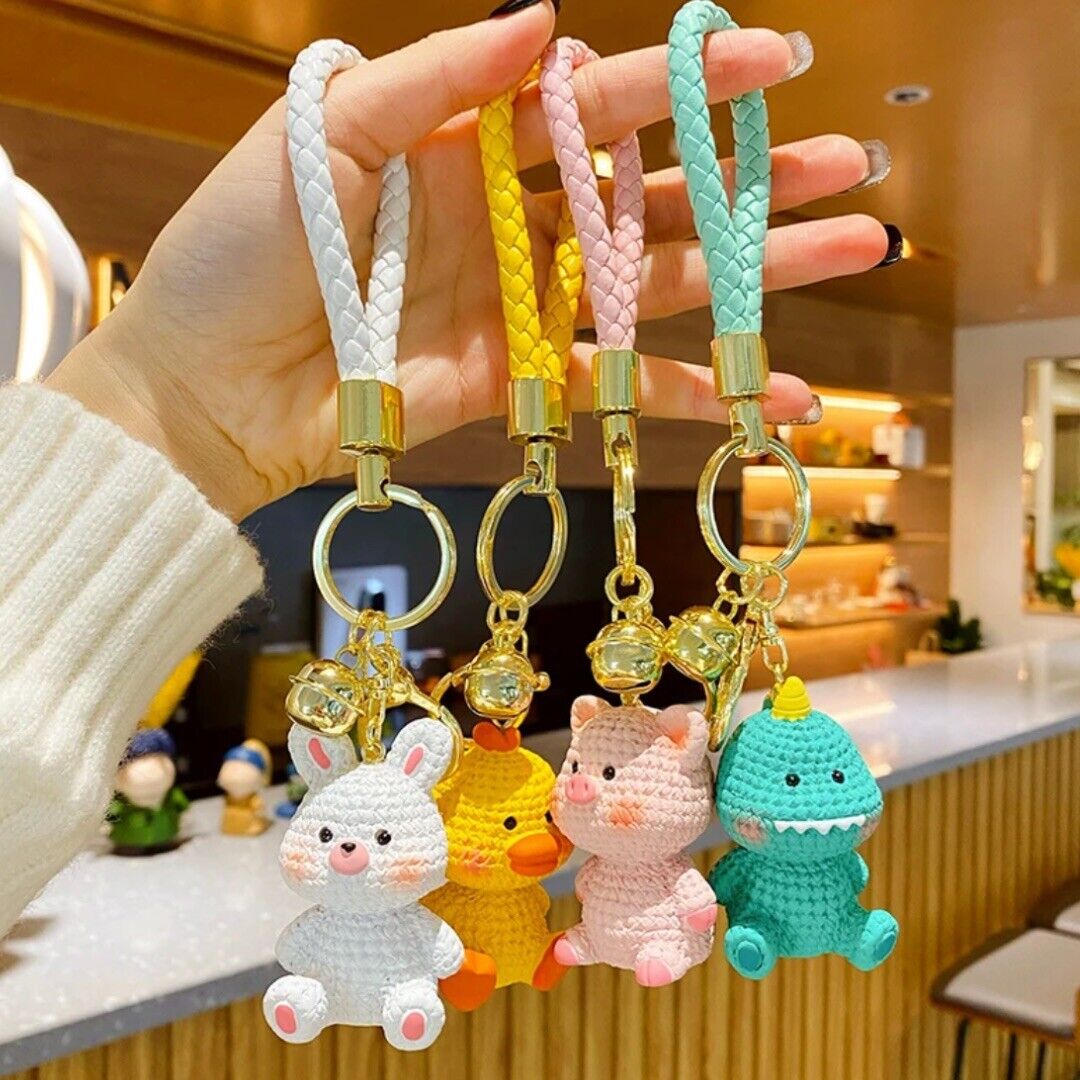 Cute Pink Pig Piggy Resin Keychain Handknit Motif 3D Animal Shape Bag Charm