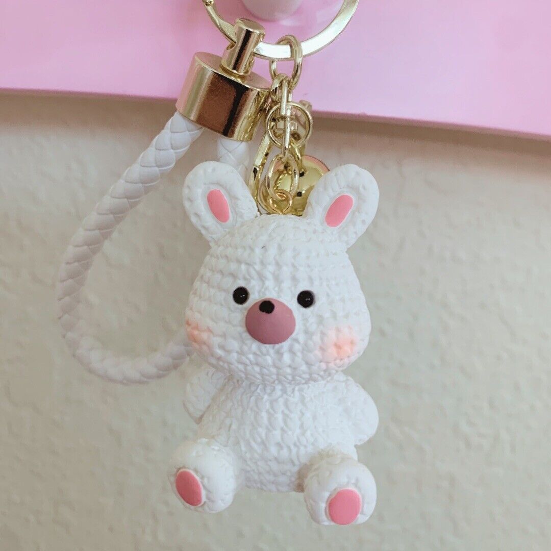 Cute White Easter Rabbit Resin Keychain Handknit Motif 3D Animal Shape Bag Charm