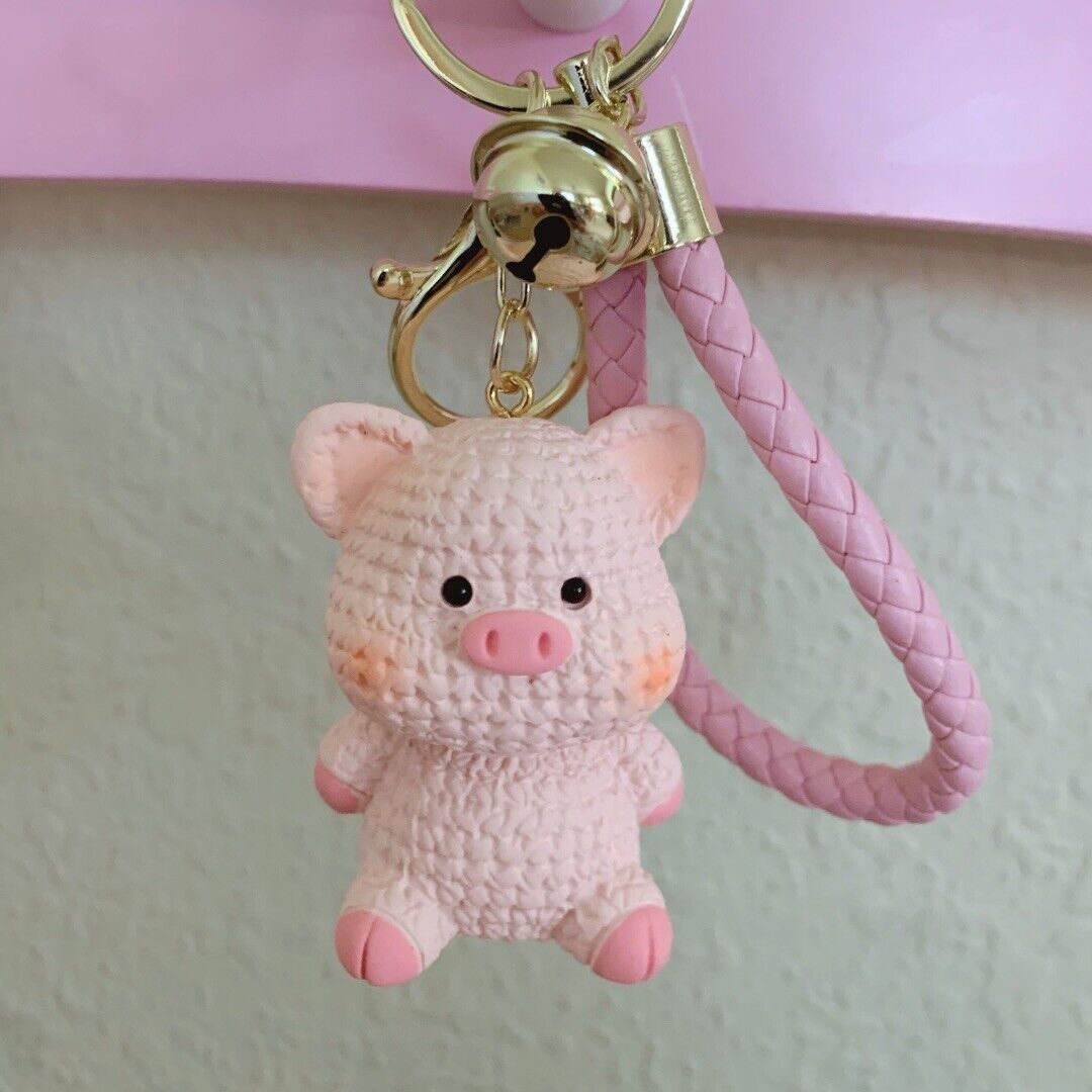 Cute Pink Pig Piggy Resin Keychain Handknit Motif 3D Animal Shape Bag Charm