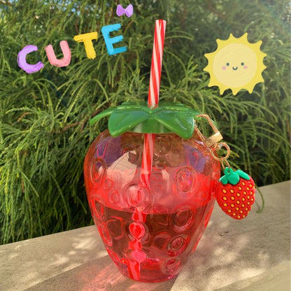 Cute Kawaii Strawberry water bottle with Straw & Charms 16oz