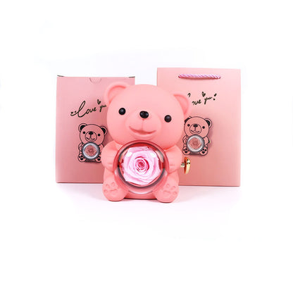 Eternal Rose Teddy Bear Gifts Box Rotate Rose Jewelry Box Valentine Wedding Storage