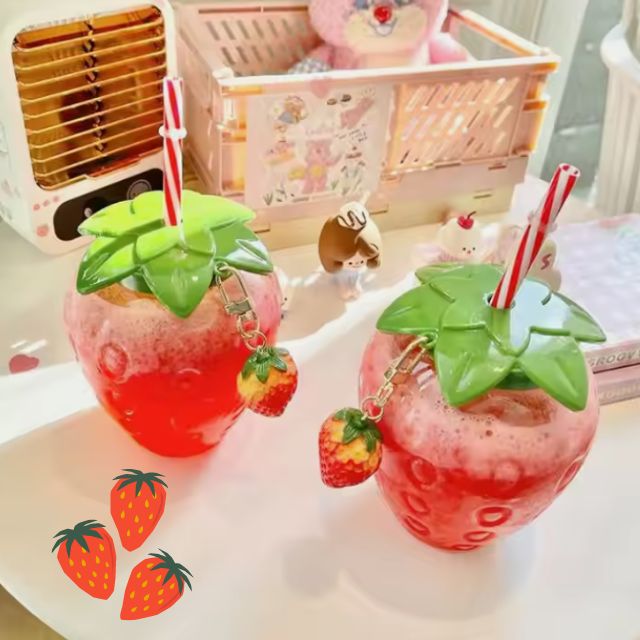 Cute Kawaii Strawberry water bottle with Straw & Charms 16oz