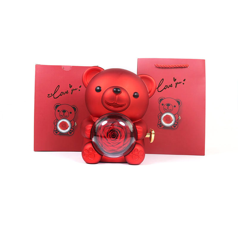 Eternal Rose Teddy Bear Gifts Box Rotate Rose Jewelry Box Valentine Wedding Storage