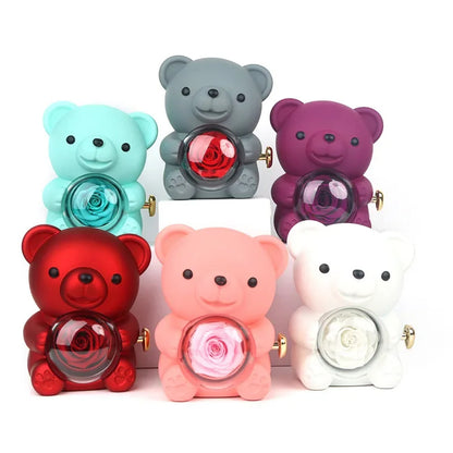 Eternal Rose Teddy Bear Gifts Box Rotate Rose Jewelry Box Valentine Wedding Storage