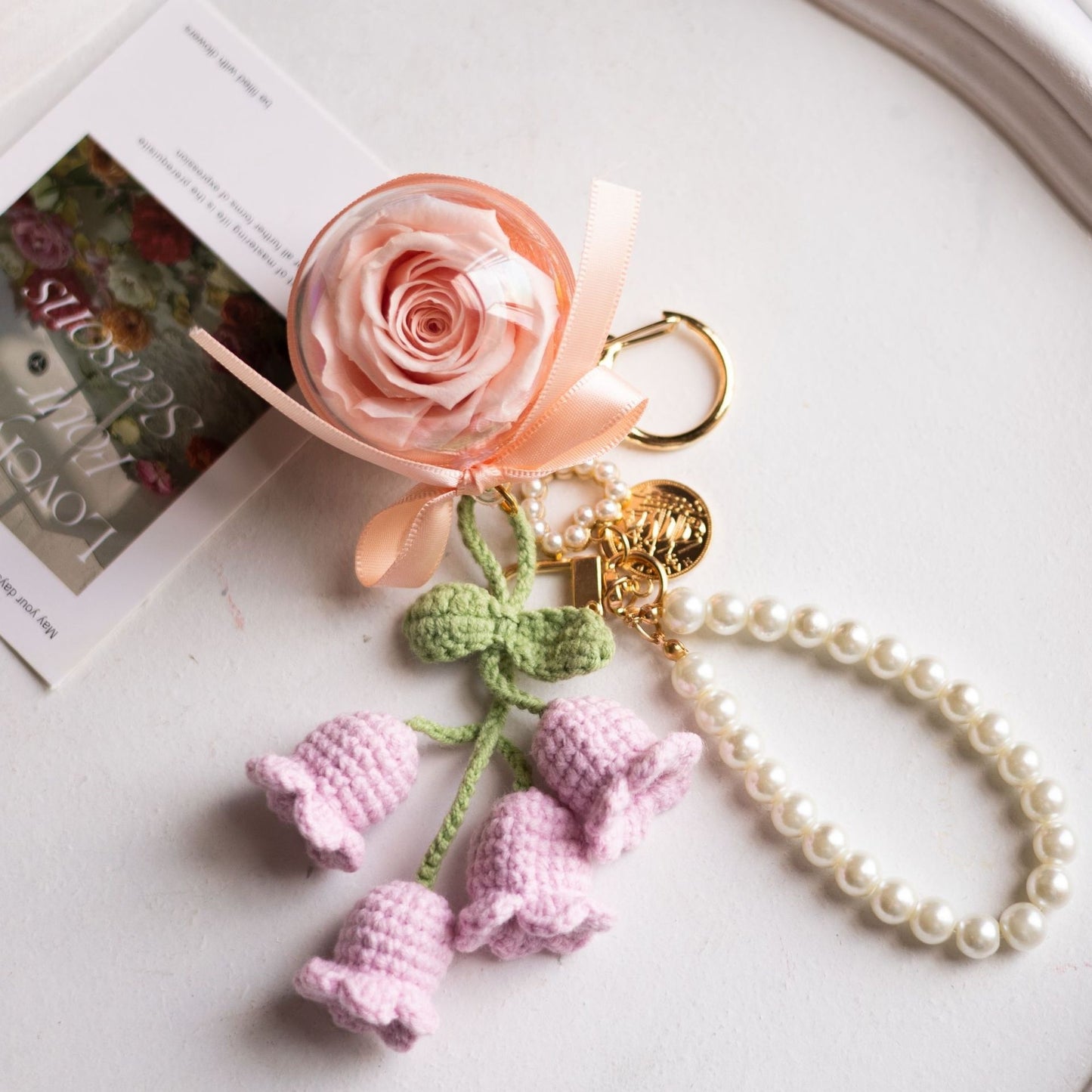 Preserved Flower Floral ball Crochet Key chain