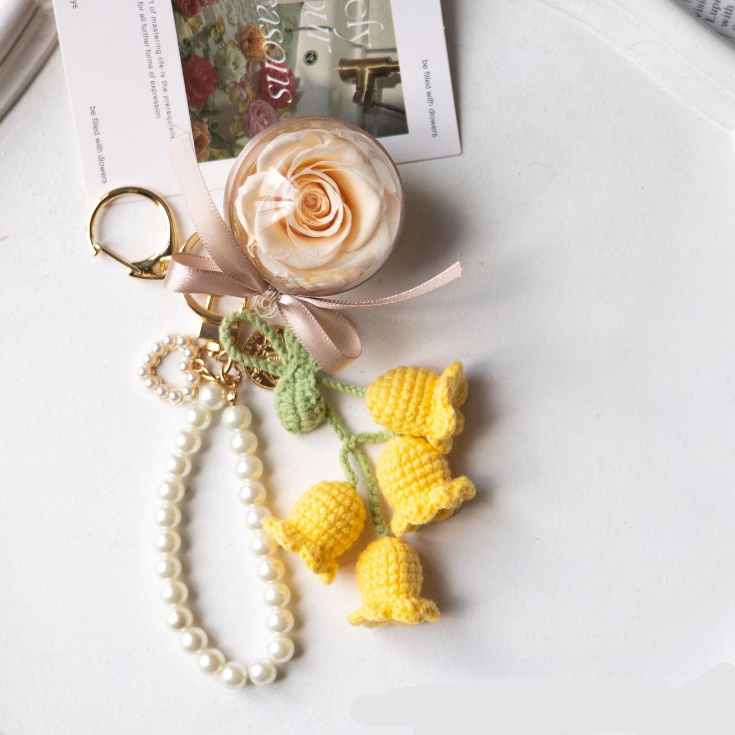 Preserved Flower Floral ball Crochet Key chain