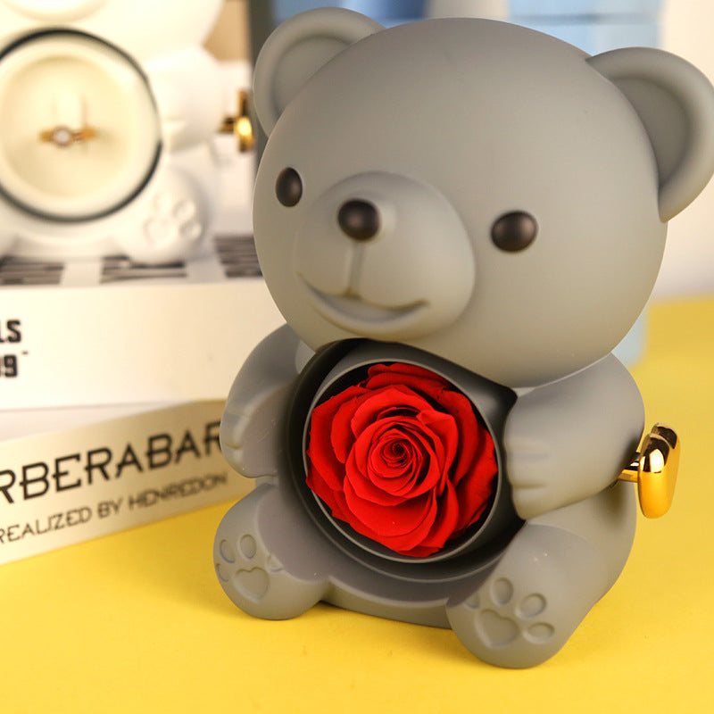 Eternal Rose Teddy Bear Gifts Box Rotate Rose Jewelry Box Valentine Wedding Storage